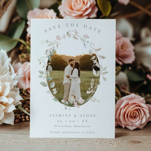 Romantische Blush Bloemen Krans Foto Huwelijk Save The Date