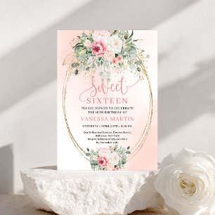 Romantische Blush Bloemengoud Sweet 16 Verjaardags Kaart