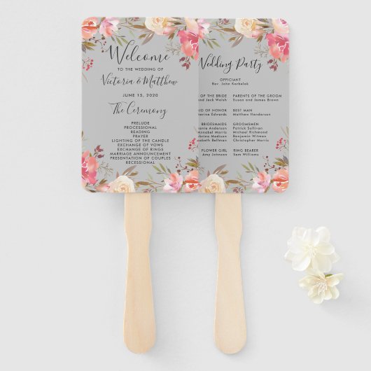 Romantische Blush Bloom Bloemen Bruiloft Programma Handwaaier (Voorkant en achterkant)