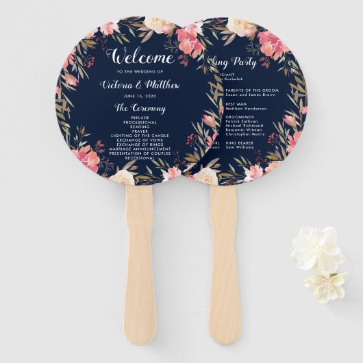 Romantische Blush Bloom Bloemen Bruiloft Programma Handwaaier (Voorkant en achterkant)