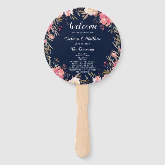Romantische Blush Bloom Bloemen Bruiloft Programma Handwaaier (Voorkant)