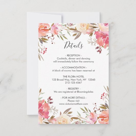 Romantische Blush Bloom Bloemen Huwelijksdetails Kaart (Voorkant)