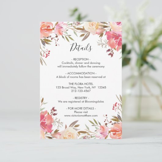 Romantische Blush Bloom Bloemen Huwelijksdetails Kaart (Staand voorkant)