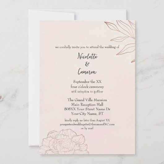 Romantische Blush Bruiloft Minimalistische Pioen Kaart (Voorkant)