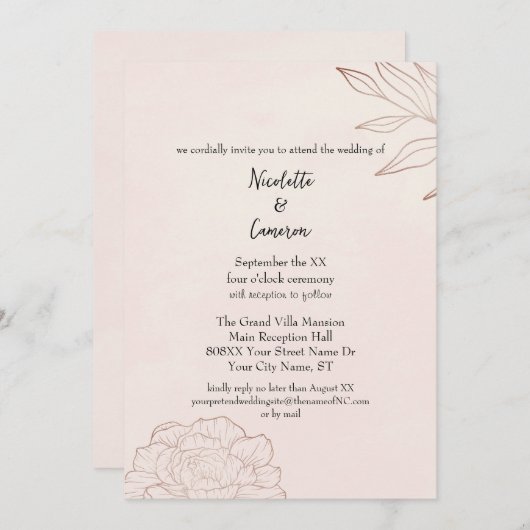 Romantische Blush Bruiloft Minimalistische Pioen Kaart (Voorkant / Achterkant)