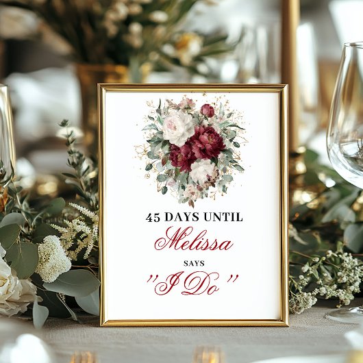 Romantische Blush Burgundy Countdown Bruidsschild Poster
