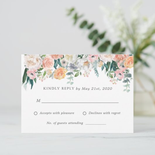 Romantische Blush Flowers Bruiloft RSVP antwoord K (Staand voorkant)