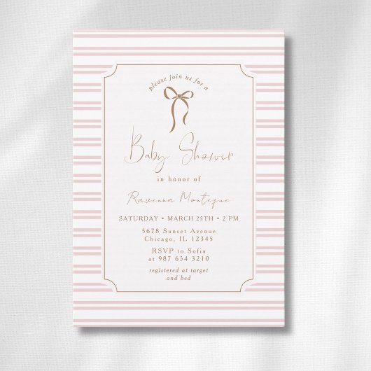 Romantische Blush Gestreepte Gouden Frame Boog Bab Kaart