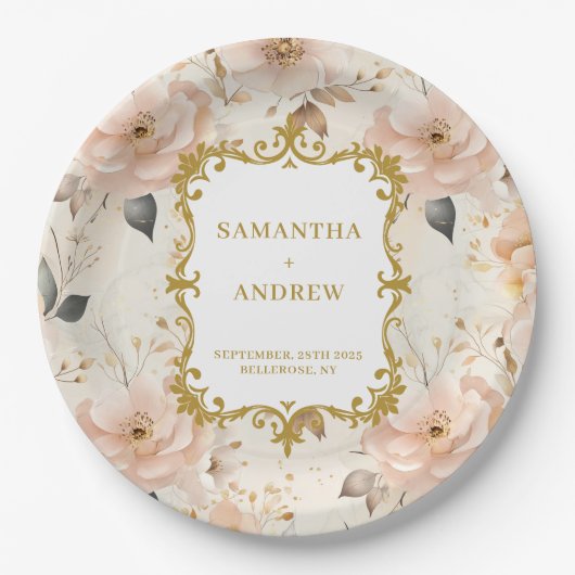 Romantische Blush Gold Trouwpapier Borden Papieren Bordje (Voorkant)