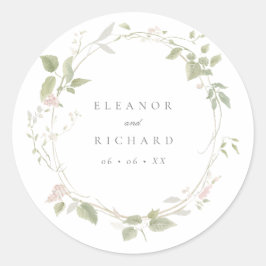 Romantische Blush & Green Bloemen Krans Trouwen Ronde Sticker