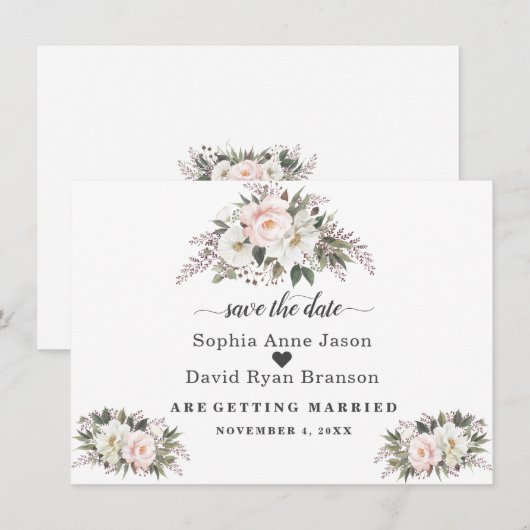 Romantische Blush Ivoor Bloemen Bruiloft Calligraf Save The Date (Voorkant / Achterkant)