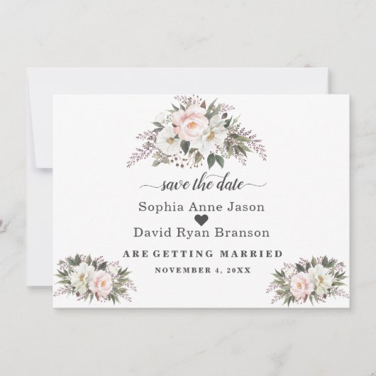 Romantische Blush Ivoor Bloemen Bruiloft Calligraf Save The Date (Voorkant)