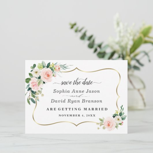 Romantische Blush Ivoor Bloemen Huwelijk Calligraf Save The Date (Staand voorkant)