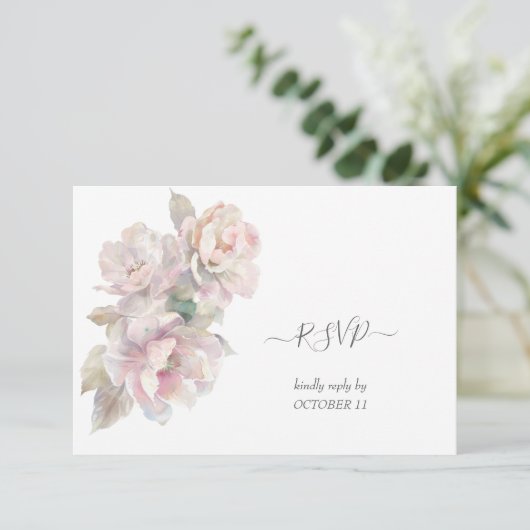 Romantische Blush Peony Bloemen Huwelijk RSVP Kaartje (Staand voorkant)