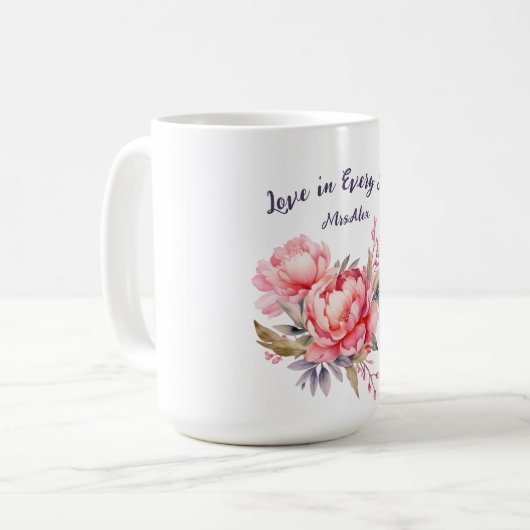 Romantische Blush Peony Wedding Coffee Mok (Voorkant links)