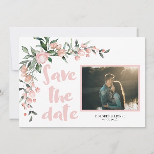 Romantische Blush Pink Bloemenfoto Sla de datum op Kaart (Voorkant)