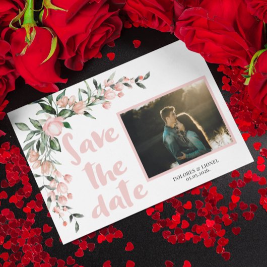 Romantische Blush Pink Bloemenfoto Sla de datum op Kaart