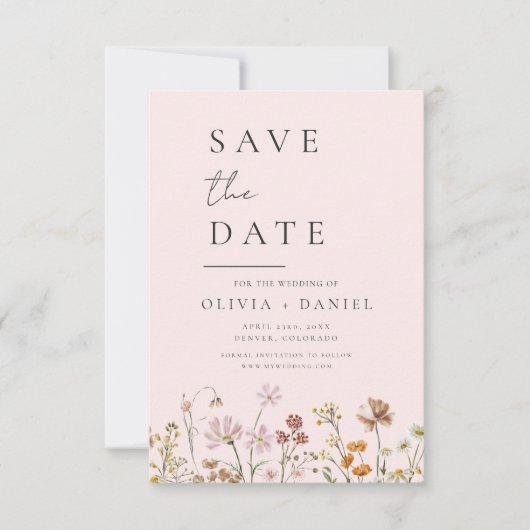 Romantische Blush Pink Wildflowers Boho Save the D Save The Date (Voorkant)