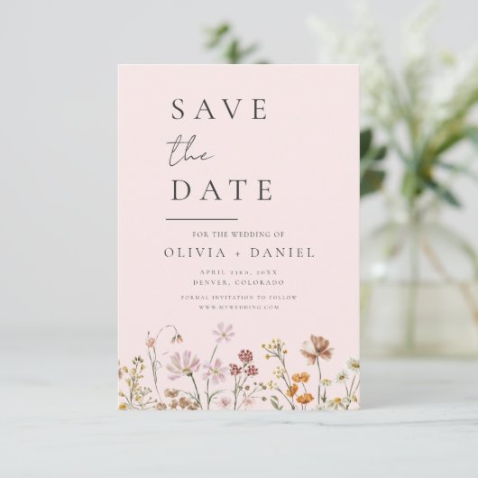 Romantische Blush Pink Wildflowers Boho Save the D Save The Date (Staand voorkant)