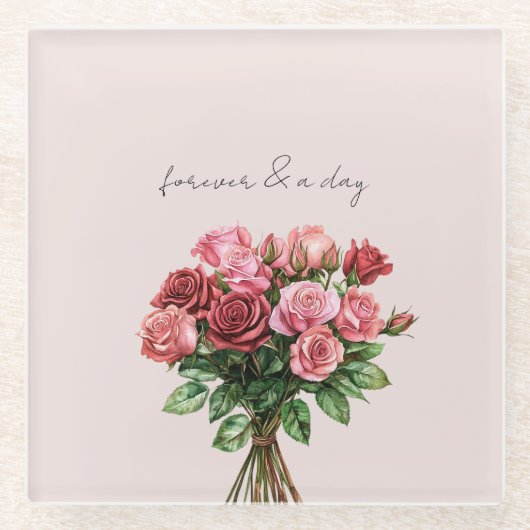 Romantische Blush Rode Roze Rozen Bloemige Trouwda Glazen Onderzetter (Voorkant)