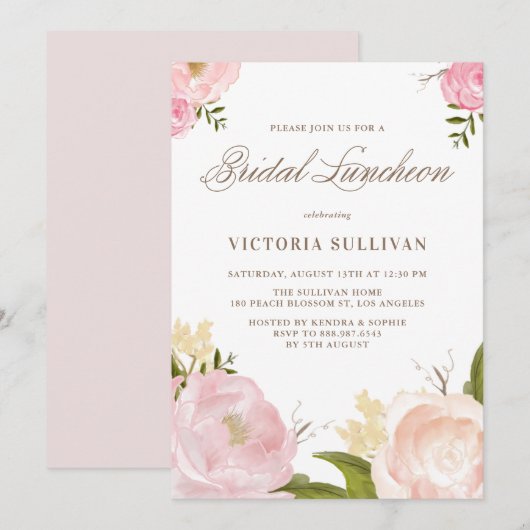 Romantische Blush Roze Bloemen Bruids Luncheon Kaart (Voorkant / Achterkant)