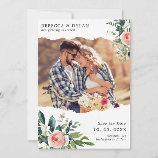 Romantische Blush Roze Bloemen Custom Foto Bruilof Save The Date (Voorkant)