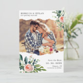 Romantische Blush Roze Bloemen Custom Foto Bruilof Save The Date (Staand voorkant)