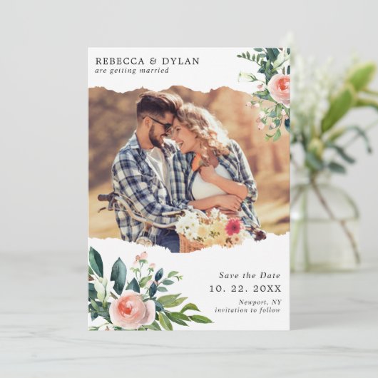 Romantische Blush Roze Bloemen Custom Foto Bruilof Save The Date (Staand voorkant)