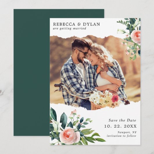 Romantische Blush Roze Bloemen Custom Foto Bruilof Save The Date (Voorkant / Achterkant)