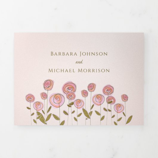 Romantische Blush Roze Bloemen Foto Huwelijk Drieluik Uitnodiging (Cover)