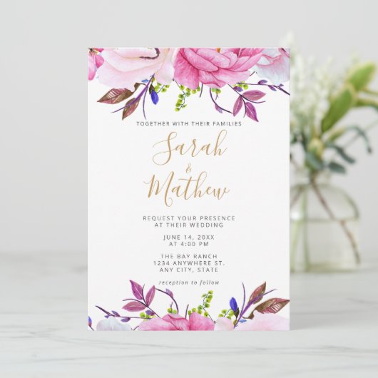 Romantische Blush Roze Bloemen Huwelijksuitnodigin Kaart (Staand voorkant)