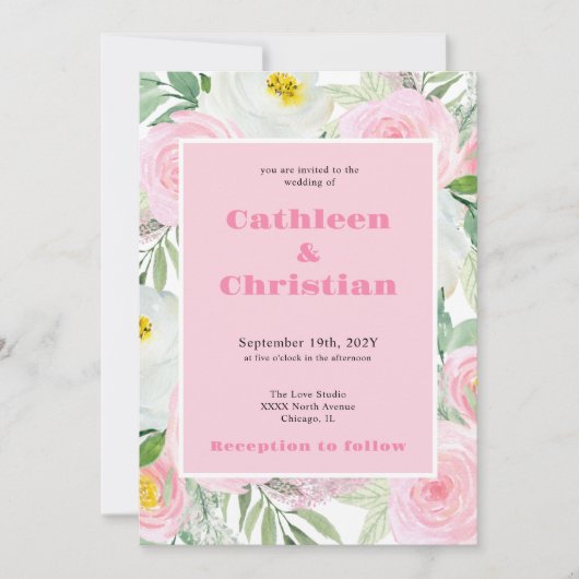 Romantische Blush Roze Bloemen Huwelijksuitnodigin Kaart (Voorkant)