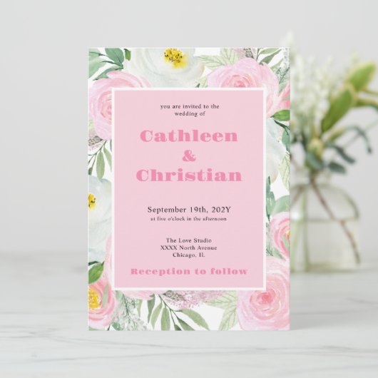 Romantische Blush Roze Bloemen Huwelijksuitnodigin Kaart (Staand voorkant)