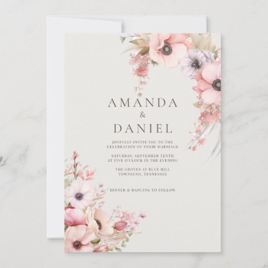 Romantische Blush Roze Bloemen Huwelijksuitnodigin Kaart (Achterkant)