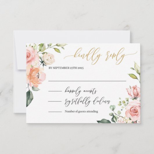 Romantische blush roze bloemengoud script letterty RSVP kaartje (Voorkant)