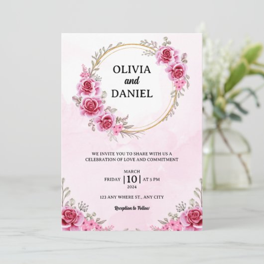 romantische blush roze bordeaux bloemenbruiloft kaart (Staand voorkant)