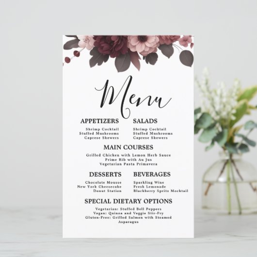 Romantische Blush Roze Bourgondië Floral Bruiloft  (Staand voorkant)