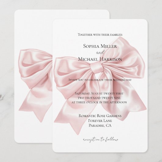 Romantische Blush Roze Bow Wedding Kaart (Voorkant / Achterkant)