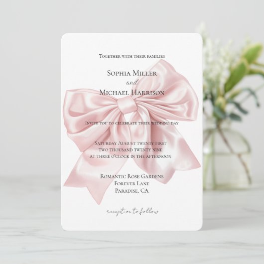 Romantische Blush Roze Bow Wedding Kaart (Staand voorkant)