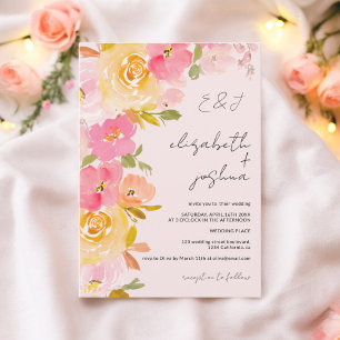 Romantische blush roze geel bloemenfoto bruiloft kaart