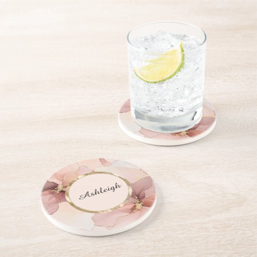Romantische Blush Roze Gouden Bloem Bruidsdouche Zandsteen Onderzetter (Zijkant)