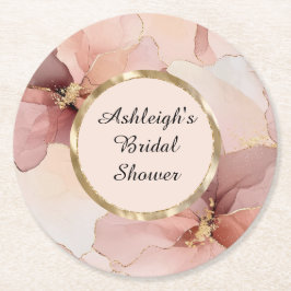 Romantische Blush Roze Gouden Bloemachtige Bruilof Ronde Kartonnen Onderzetter
