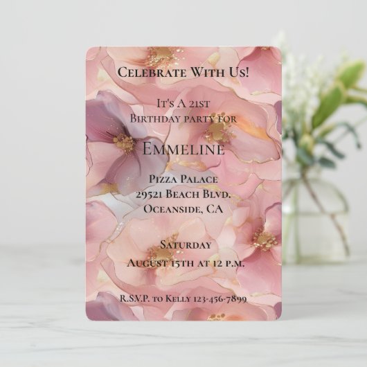 Romantische Blush Roze Gouden Glitz Bloemen Verjaa Kaart (Staand voorkant)