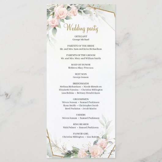 Romantische Blush Roze groen bladeren gouden Lijst Programmakaart (Achterkant)