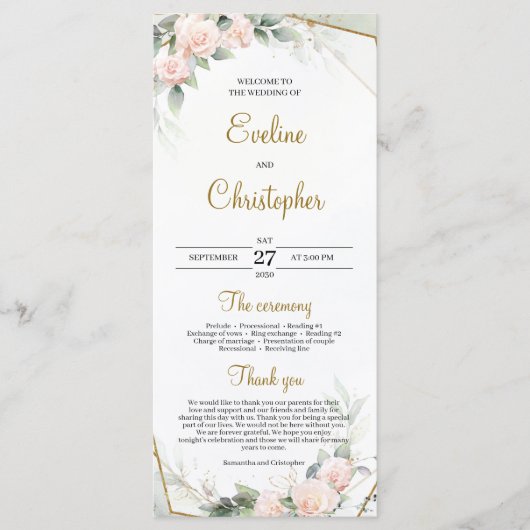 Romantische Blush Roze groen bladeren gouden Lijst Programmakaart (Voorkant)