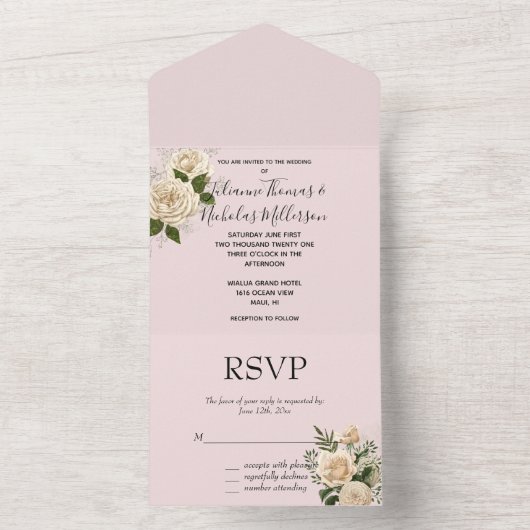 Romantische Blush Roze Ivoor Bloemen Bruiloft All In One Uitnodiging (Binnen)