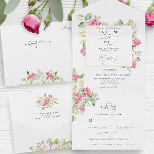 Romantische Blush Roze/Ivory Waterverfrozen Bruilo All In One Uitnodiging