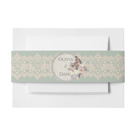 Romantische Blush Roze Kant Sage Groene Buik Band Uitnodigingen Wikkel