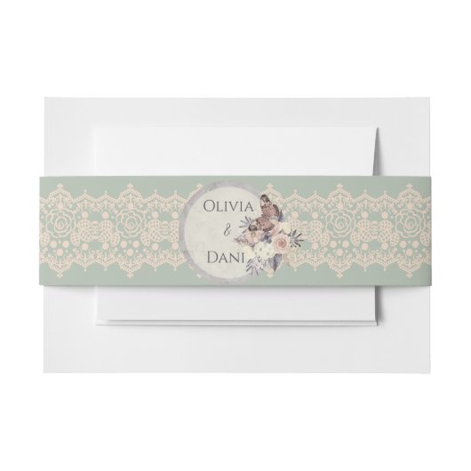 Romantische Blush Roze Kant Sage Groene Buik Band Uitnodigingen Wikkel (Voorkant Voorbeeld)
