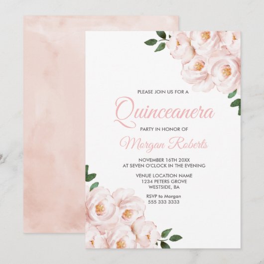 Romantische Blush Roze Quinceanera Partij Kaart (Voorkant / Achterkant)